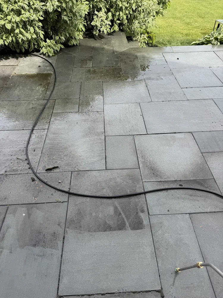 Completed gray stone paver patio